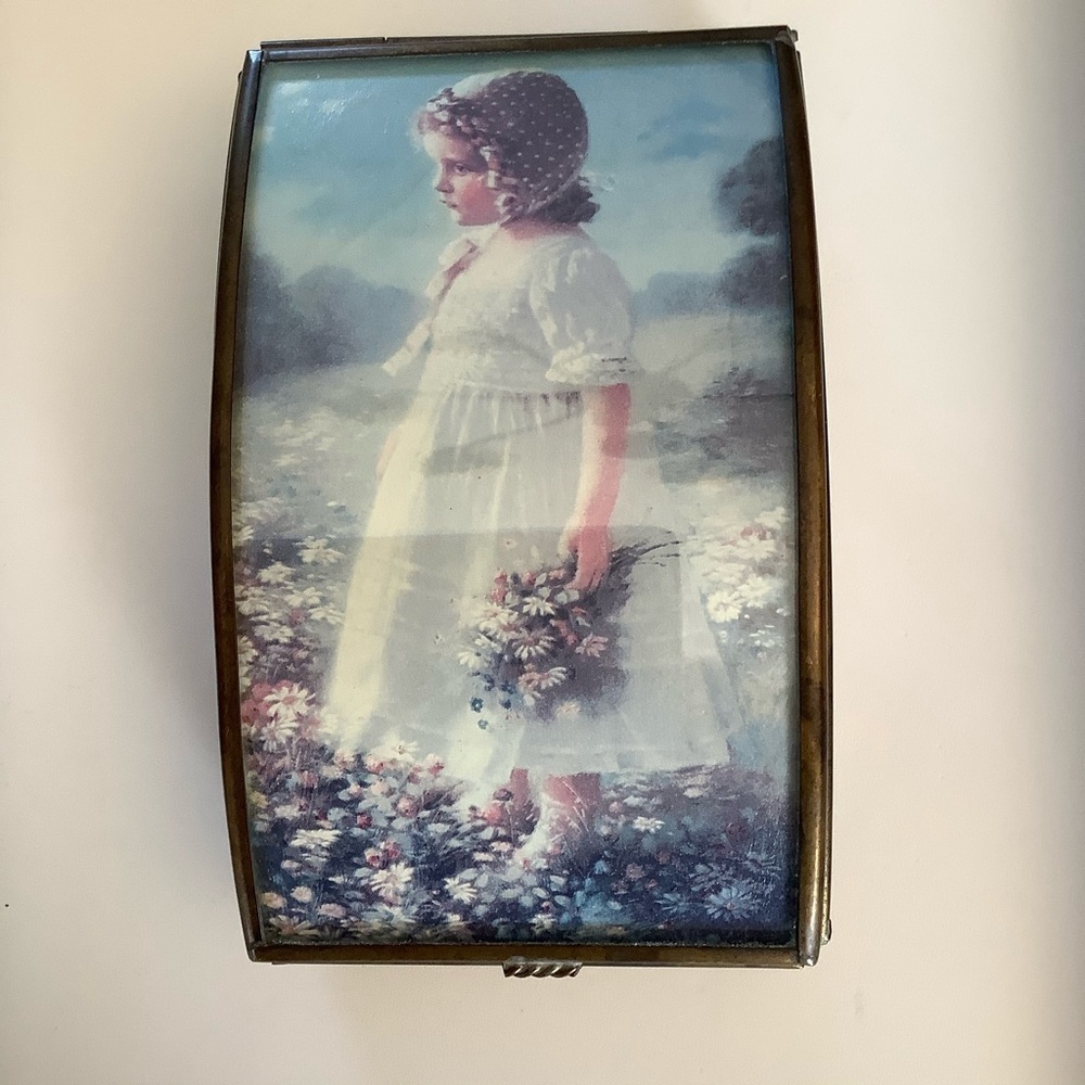 Vintage Trinket Box Brass Glass “The Daisy Girl”